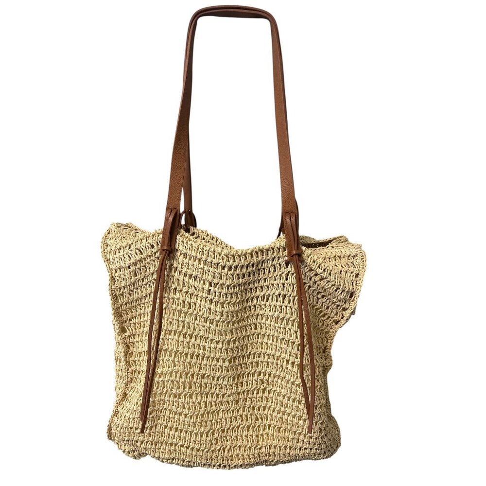 Handwoven Straw Tote Bag With Faux Leather Straps & Inner Lining For Women